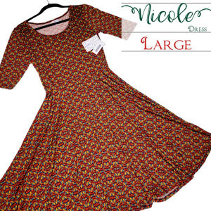 LuLaRoe Kaleidoscope Nicole Large Orange Yellow Green Skater Dress Fit Flare